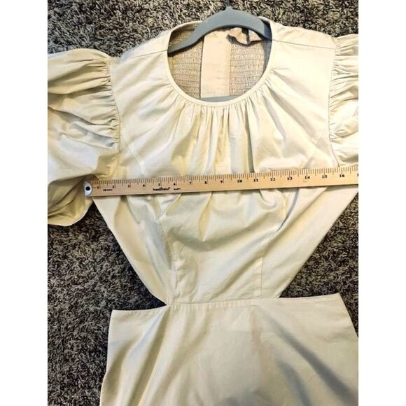 Keepsake Asymmetric Beige Short Puffy Sleeves Open Cut Waist Ruffled Hem Dress 8 - Picture 7 of 9